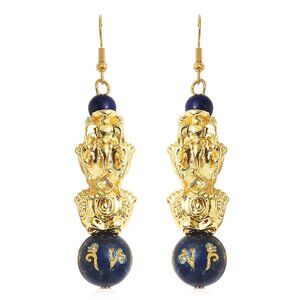 Feng Shui Lapis Lazuli Carved Beaded Pixiu Earrings in Goldtone  Stunning and in